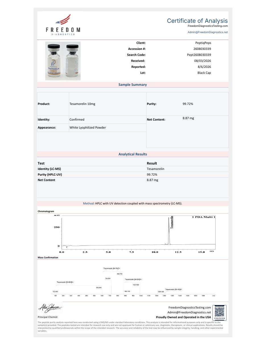 Certificate of Analysis for Tesamorelin lot Pept2608030339