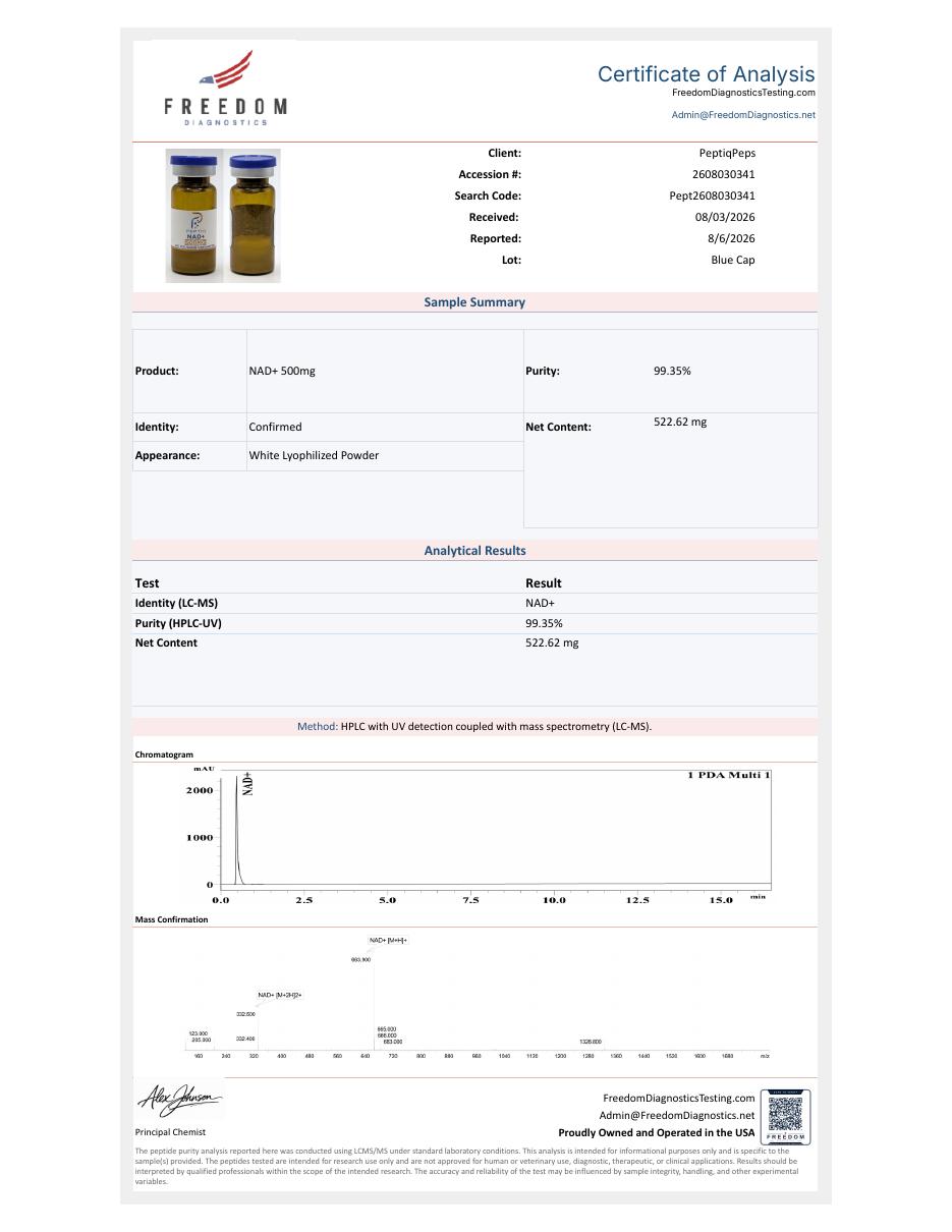 Certificate of Analysis for NAD+ lot Pept2608030341