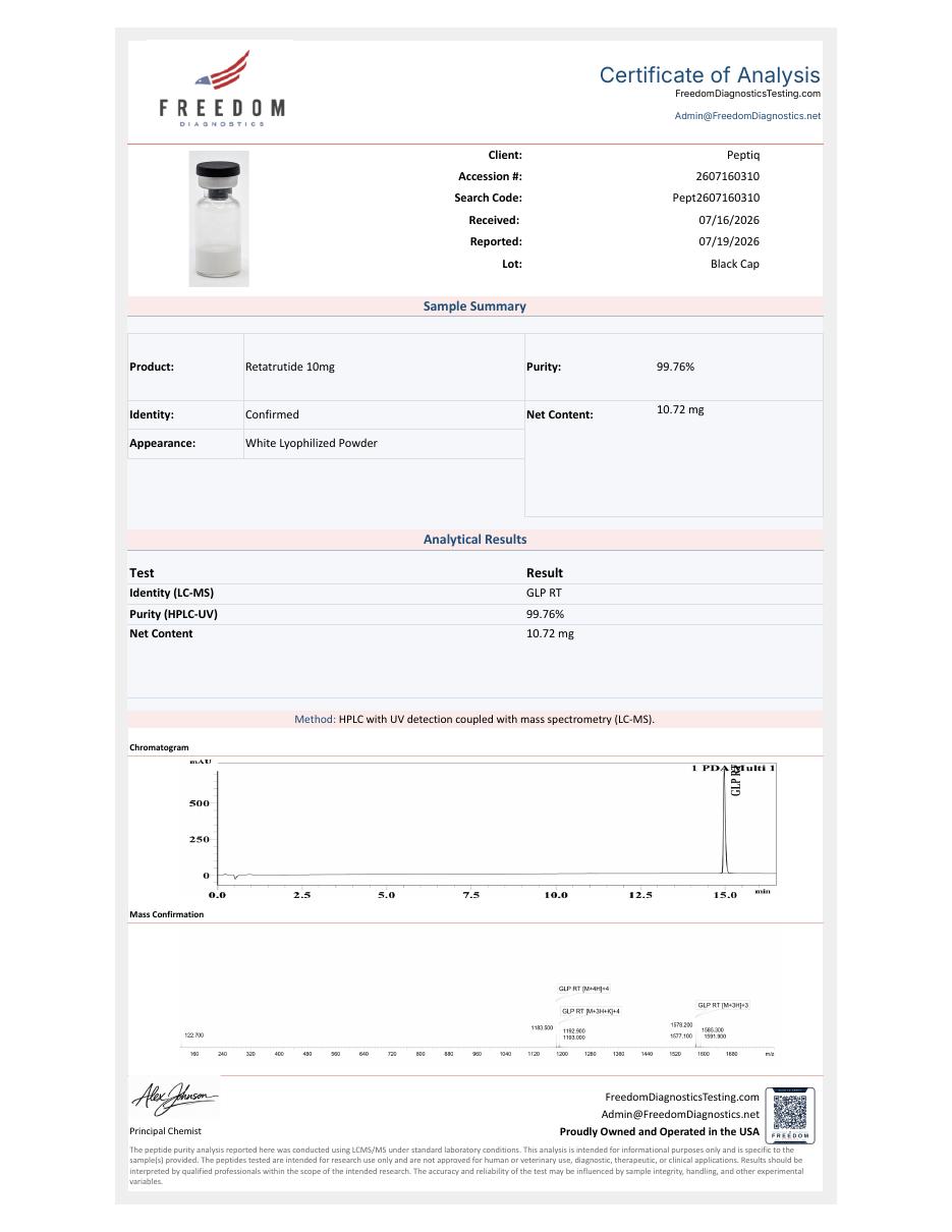 Certificate of Analysis for Retatrutide lot Pept2607160310